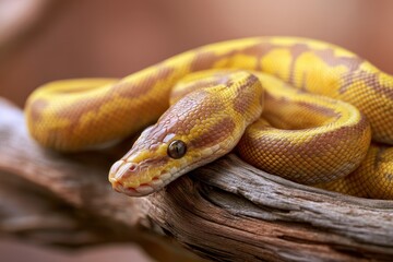 Fototapeta premium Vibrant banana morph ball python in warm earthy tones on a wooden backdrop