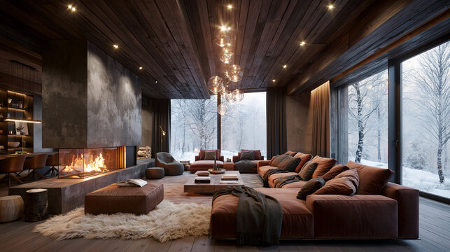 Luxury Modern Chalet Living Room Interior with Fireplace