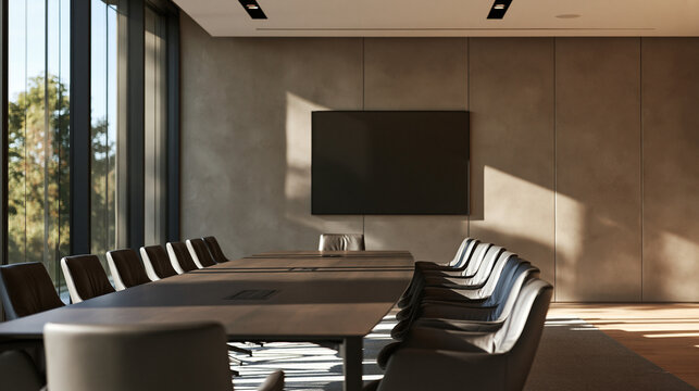 Modern Empty Boardroom Interior with Large Screen and Table
