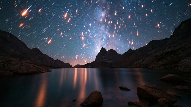 Meteor Shower and Milky Way Over Mountain Lake at Night