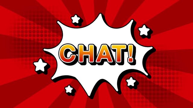 Chat text word lettering popup comic cartoon reveal with bomb and smoke explosion manga anime book page dots with radial speed lines doodle red background with seamless loop animation retro