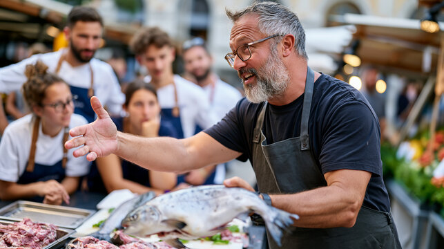 Fishmonger in rain soaked outdoor market group of culinary school students watching demonstration former chef transitioning into culinary instruction fresh fish filleting skills transfer teaching mo