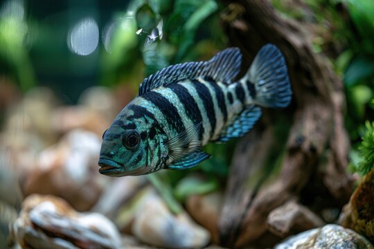 Vibrant tropical cichlid swimming among rocks and aquatic plants in clear water
