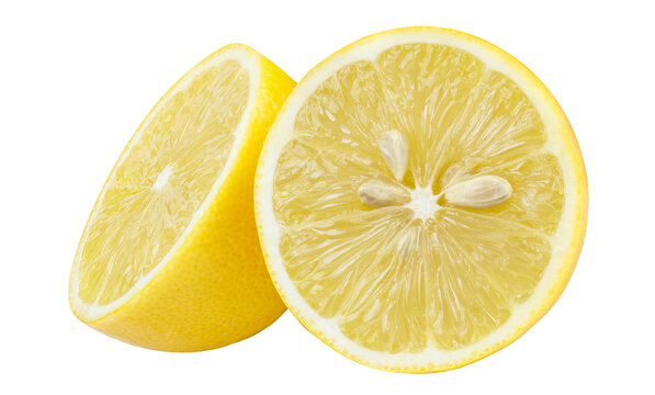 Two fresh juicy lemon halves with visible seeds, isolated on transparent cutout background