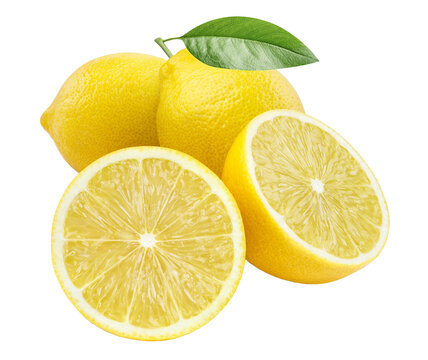 Whole and halved lemons with green leaf, isolated on transparent cutout background