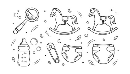 Fototapeta premium Baby Accessories with Rocking Horses, Feeding Bottle, Safety Pin, Diapers, and Rattle in Simple Line Art