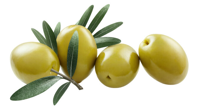 Fresh green olives with leaves, isolated on transparent cutout background