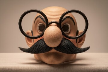 Fototapeta premium Vintage-inspired prop mask featuring quirky eyewear and exaggerated nose for entertainment visuals