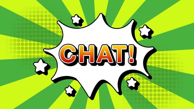 Chat text word lettering popup comic cartoon reveal with bomb and smoke explosion manga anime book page dots with radial speed lines doodle green background with seamless loop animation retro