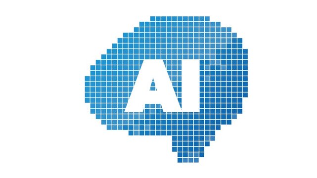 A digital brain icon, pixelated in blue squares, with the white letters 'AI' prominently displayed in its center, symbolizing artificial intelligence and technology.