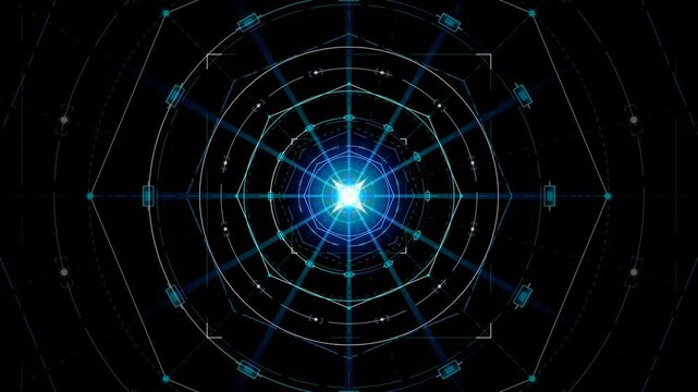 Futuristic Digital Wireframe Tunnel Overlay with Expanding Cyan Rings and Glowing Central Core Loop