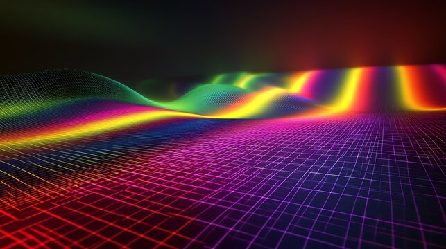 Abstract digital landscape with neon grid and undulating colorful light waves with computer graphic science fiction illumination