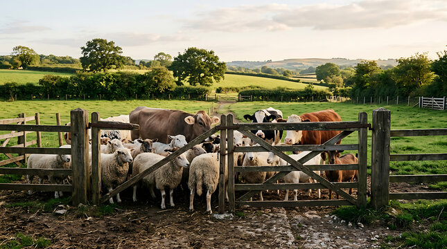Herd of Sheep and Cows Gathered at a Rustic Wooden Gate in a Rolling Green Countryside Pasture