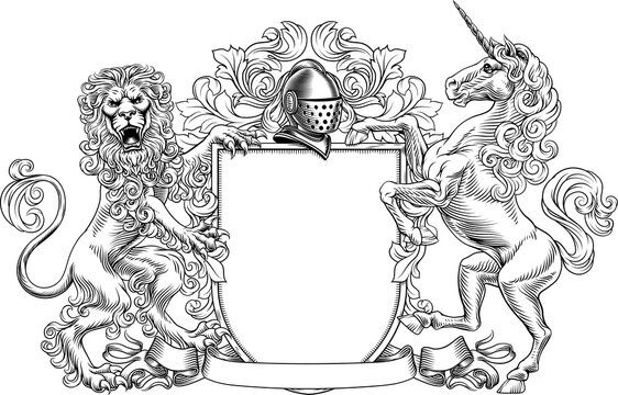 A unicorn and lion coat of arms or crest family heraldry medieval heraldic knight shield with helmet and acanthus filigree scroll ornament in a vintage woodcut style.
