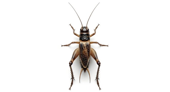 isolated brown cricket insect on pure white background detailed top view of house cricket showing long antenna and strong hind legs for jumping