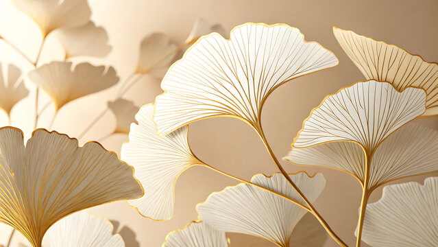 Delicate white ginkgo leaves with golden veins inIntricate white ginkgo leaf pattern with golden venation detail