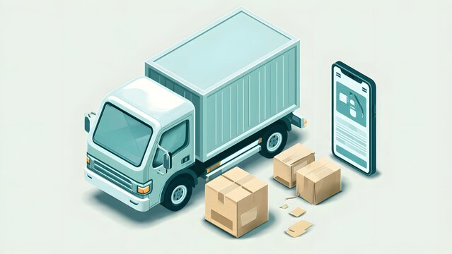 isometric delivery truck with cardboard boxes smartphone application interface logistics and transportation concept