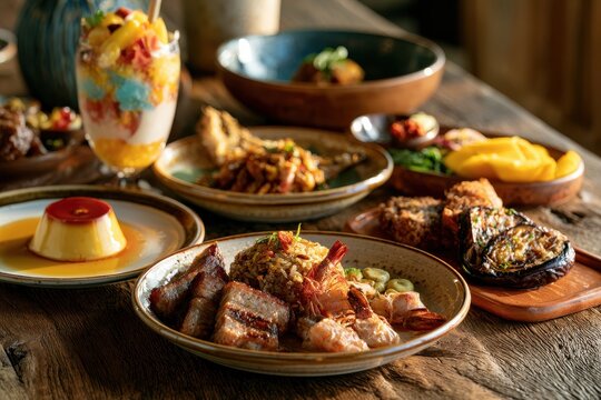 Warm, shareable Filipino meal: halo-halo surrounded by fried rice, liempo, hipon, isda, talong on a cozy wooden table