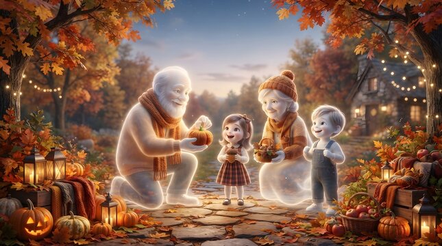 A ghostly family of spirits enjoying a magical autumn evening in a glowing forest with pumpkins and leaves