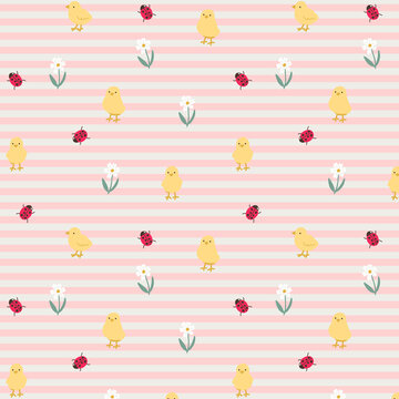 Baby Chicks and Ladybugs Scatter Across Pink Stripes with Delicate Flowers