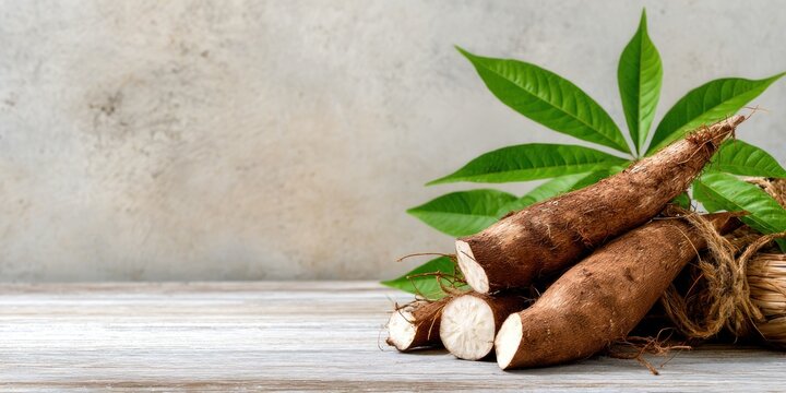 Fresh cassava roots with green leaves close up on a wooden table product presentation