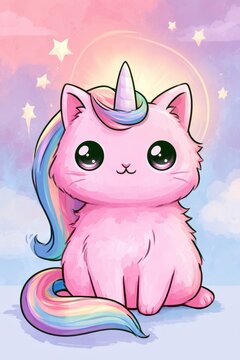 Whimsical kittycorn: pink unicorn-cat with rainbow mane in a magical illustration