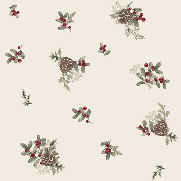 Delicate pinecones and mistletoe sprigs scattered on a soft cream background during winter