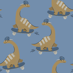 Dinosaur riding skateboard with denim hat during daytime against blue background concept © Creativezone