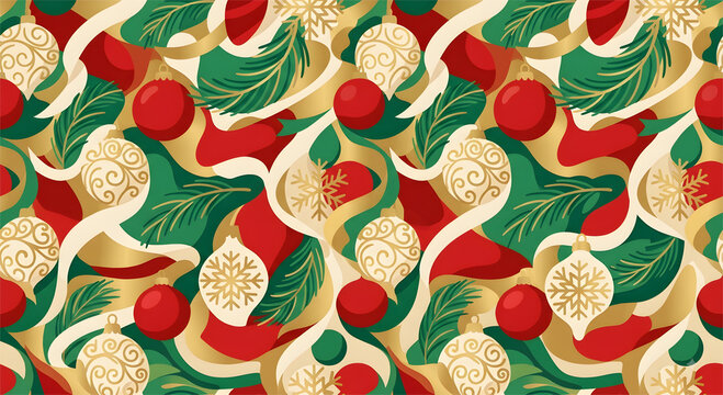 Seamless red green gold christmas ribbon and ornamen pattern
