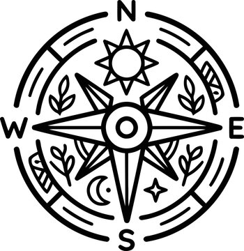 Stylized Compass Rose with Sun, Moon, Stars and Nature Elements