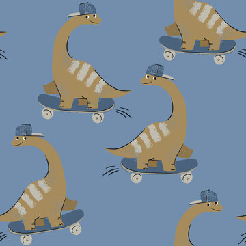 Dinosaur riding skateboard with denim hat during daytime against blue background concept