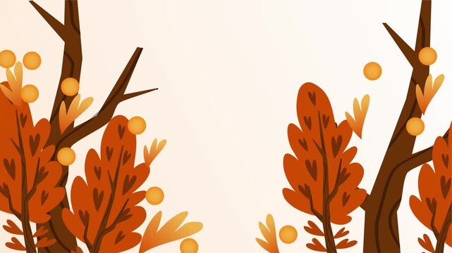 Autumn forest trees with falling leaves in orange tones