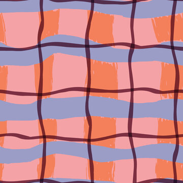 Hand painted plaid pattern in soft pastel orange lilac pink with bold navy lines for textile design
