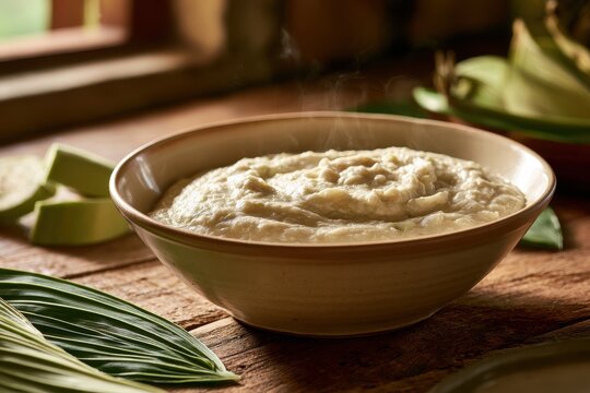 Wholesome matooke porridge in a ceramic bowl amid green plantains and natural light