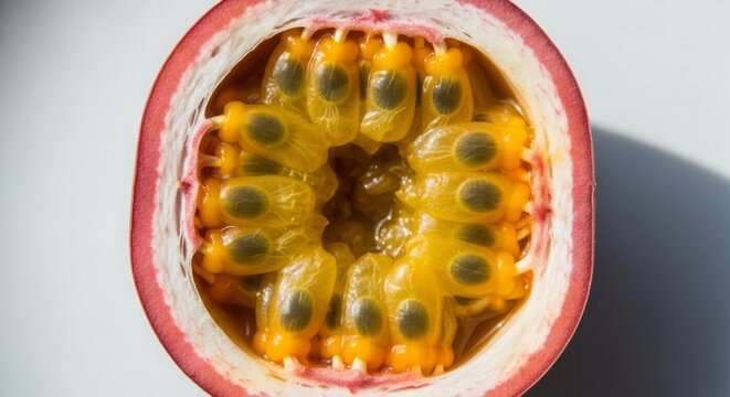 Ripe Passion Fruit Cut Open with Juicy Black Seeds