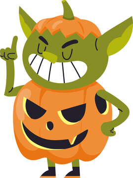 halloween goblin wearing pumpkin cartoon