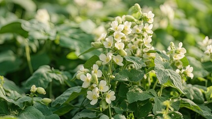 Fototapeta premium White flowers blooming in a green field, sunny day. Nature background for website, blog, or print.