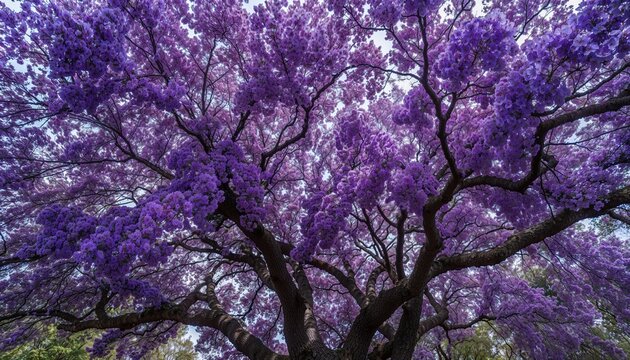 Low angle view of purple jacaranda blossoms in full bloom with jacaranda