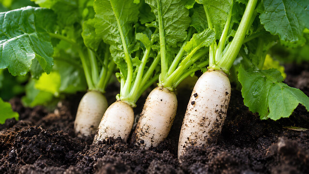 Fresh harvested white radish daikon growing in rich organic soil at farm, agriculture and root vegetable concept