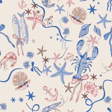 Nautical Marine Life Seamless Pattern with Lobster Shrimp Starfish and Shells on Cream Background