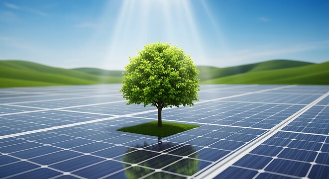 Green Tree Growing on Solar Panels Promoting Clean Energy Solution