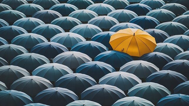 A single bright yellow umbrella standing out in a large crowd of dark blue umbrellas, representing uniqueness, leadership, and individuality concept