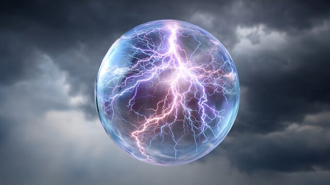 Electric violet energy sphere with crackling lightning storm contained within its surface against a cloudy sky background