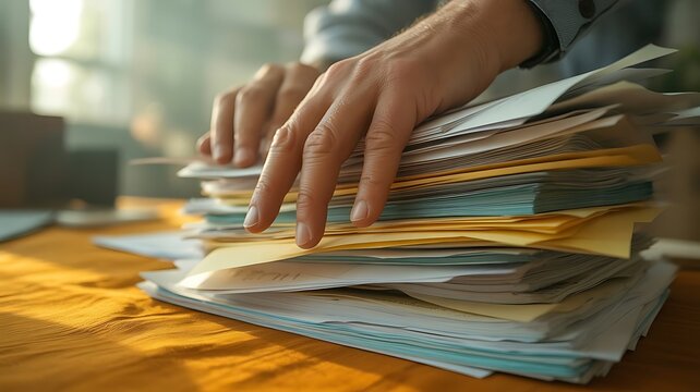 A person's hands organizing a large stack of documents and paperwork on a wooden desk with warm sunlight streaming in from a nearby window, office