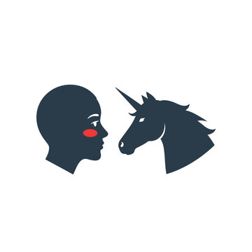 Human profile and unicorn silhouette facing each other