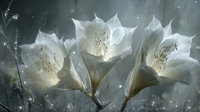 Ethereal bioluminescent white flora with delicate glowing petals, showcasing otherworldly natural beauty