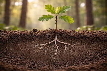 Fototapeta premium Germination d’un gland et jeune chêne avec système racinaire – Coupe botanique réaliste Agroécologie, essence locale et reboisement des paysages ruraux