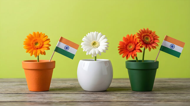 Patriotism Concept Indian Flag with Gerbera Daisies on a Wooden Table Surface