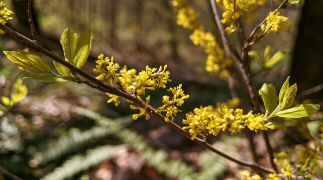 Yellow spicebush flowers along slender branches at a quiet forest edge in spring
