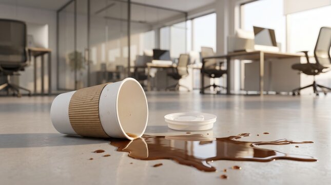 Spilled coffee on an office floor with an overturned paper cup